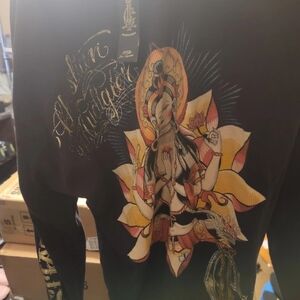 Christian Audigier LA Mens Thermal Buddha On Flower Graphic Print 2XL Black NWT